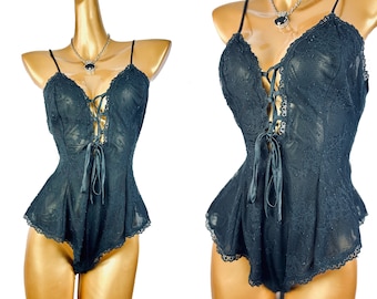 90s goth lingerie vintage lace ruffle corset teddy bodysuit