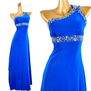 90s blue prom dress long vintage beaded sequin one shoulder size 5