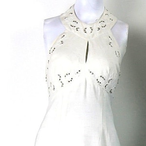 Vintage 60s 70s Boho hippie white halter dress rhinestone trim open back