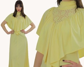 Vestido de coquetel dos anos 70 Vintage pradaria camponesa amarelo pastel