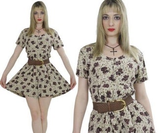 Grunge floral dress vintage 90s mini romper jumpsuit button down