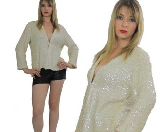 Deco sequin jacket beaded knit top Gatsby cocktail party jacket tunic