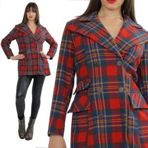 Vintage 70s mod boho red tartan plaid wool jacket blazer top double breasted