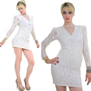 Vintage 90s boho white lace party dress body con sheer open back mini dress S