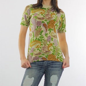 Vintage 70s Boho Hippie Paisley knit short sleeve Neon top shirt sweater M