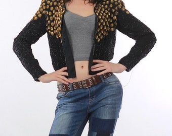 Zwart jasje met pailletten Vintage jaren 80 goud metallic cocktailparty deco zijden top S