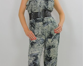 summer boho jumpsuit vintage 90s spaghetti strap snakeskin print