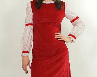 Vestido largo de fiesta vintage de terciopelo rojo, estilo bohemio hippie, de los años 70