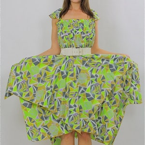 80s Neon tribal mini dress vintage 1980s Scarf dress handkerchief hem sleeveless Festival Dress Geometric Tribal Dress Sun Dress M Medium