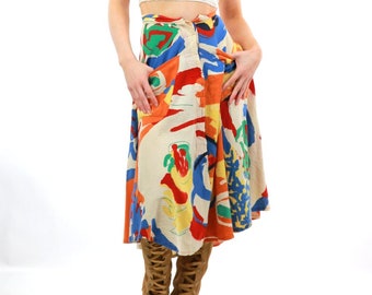 Abstract button down  skirt Vintage 70s hippie boho festival skirt  Bohemian full skirt multicolor retro  M Medium