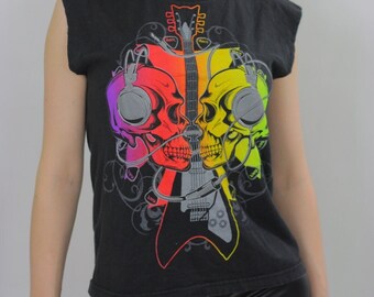 Camiseta de calavera con estampado de guitarra, color amarillo neón, rojo, rockero, negro, camiseta sin mangas para festival, talla extra grande