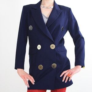 Navy blue blazer  jacket double breasted Vintage 1980s Military long sleeve gold metallic button up  M Medium