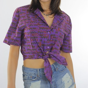 80s Crop Top Belly shirt Abstract shirt Cropped shirt Purple shirt Tie top Collared shirt Boho shirt Hippie shirt Retro shirt Hippie shirt