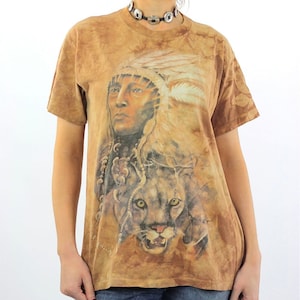 Koszulka z motywem wodza Indian Ameryki Południowej, luźna, oversize'owa koszulka ze zwierzęcym nadrukiem, koszulka z grafiką w stylu vintage z lat 90. XX wieku, duża