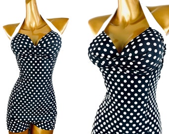 Vintage one piece halter swimsuit womens plus size bodysuit black white polka dot retro 1990s