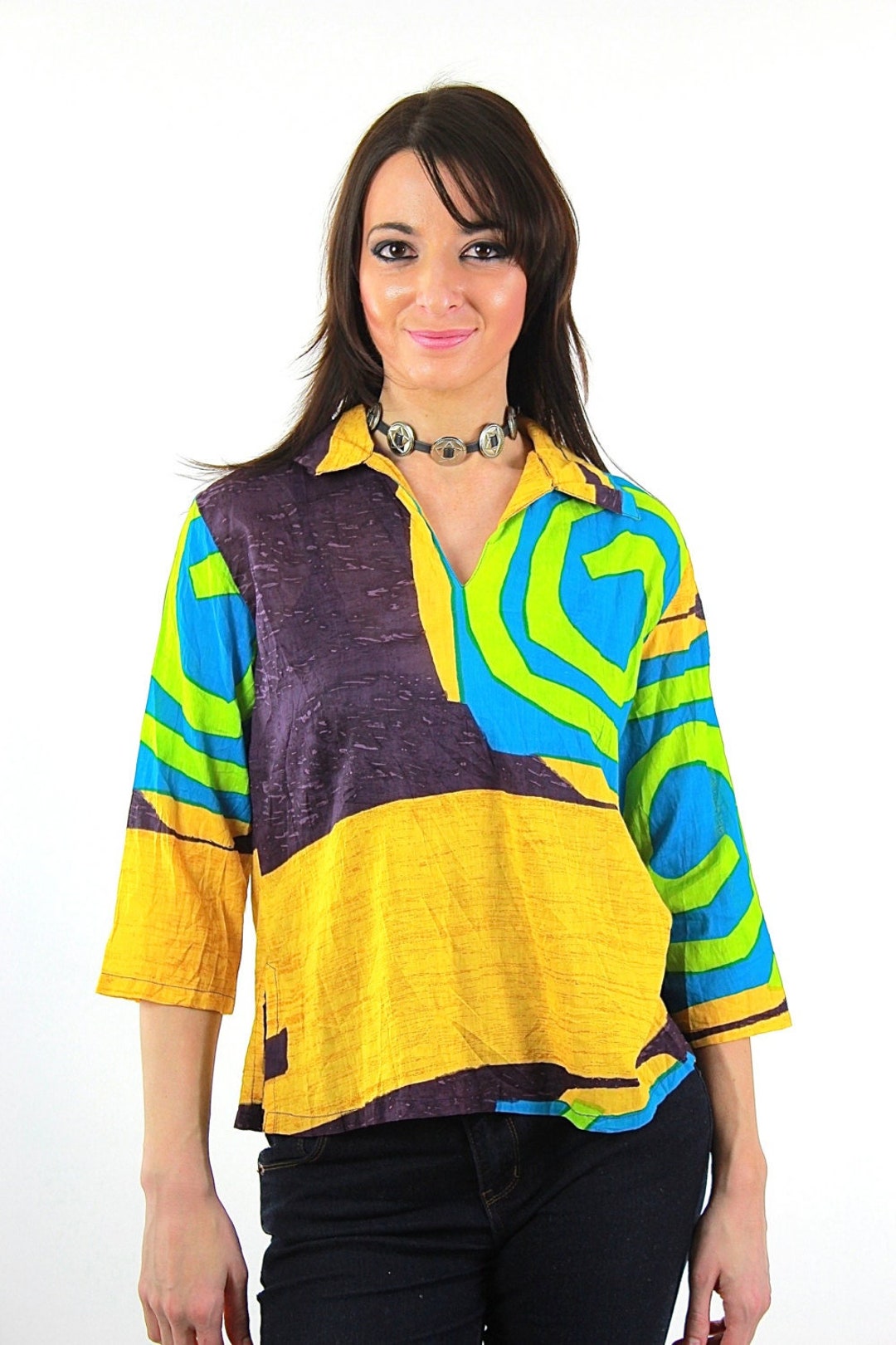 Color Block Shirt Vintage 1980s Abstract New Wave Neon