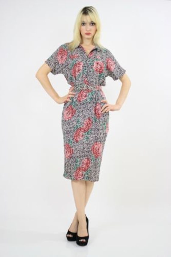 80s floral rose collar dress vintage secretary gl… - image 2