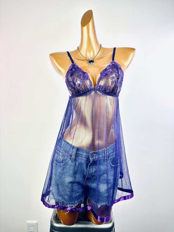 Vintage Babydoll Lingerie Nightie See Through Purple Lace Camisole