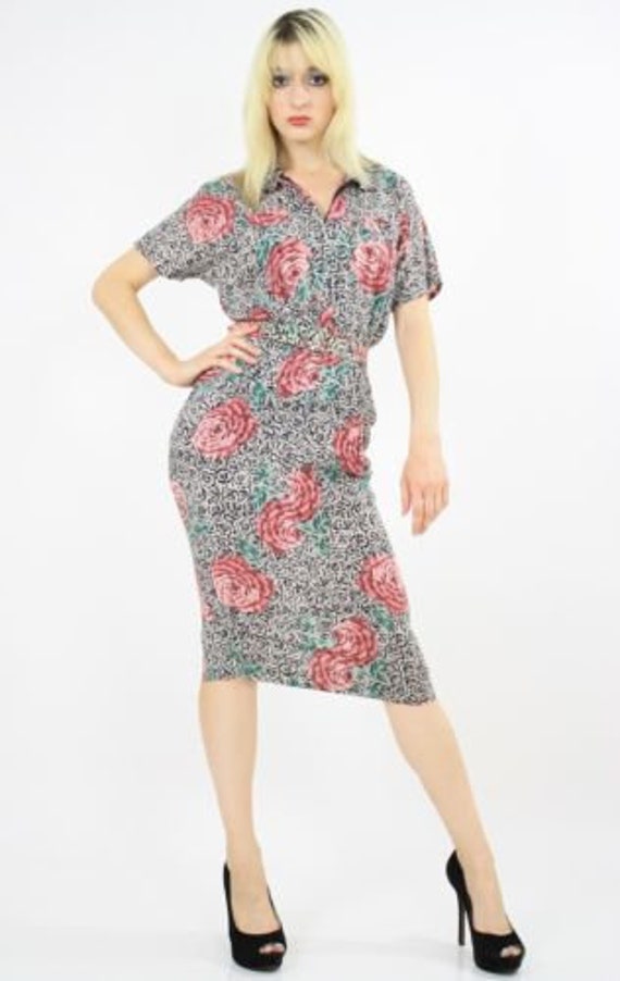 80s floral rose collar dress vintage secretary gl… - image 3