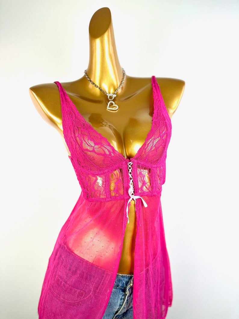 Vintage y2k grunge wróżka babydoll bielizna top różowa koronka koszulka na ramiączkach przezroczysta koszulka rozmiar mały zdjęcie 8