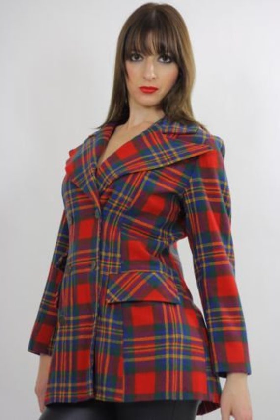 Vintage 70s mod boho red tartan plaid wool jacket… - image 9