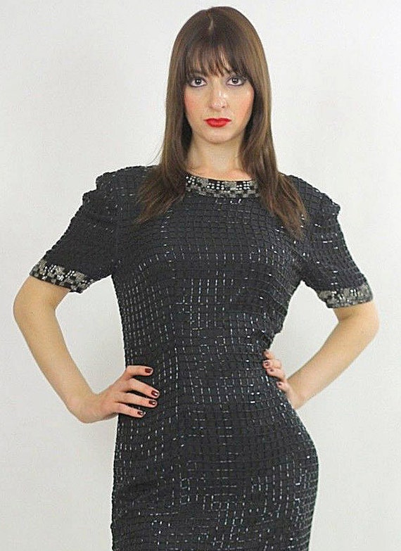 Black Sequin beaded mini dress Deco party - image 4