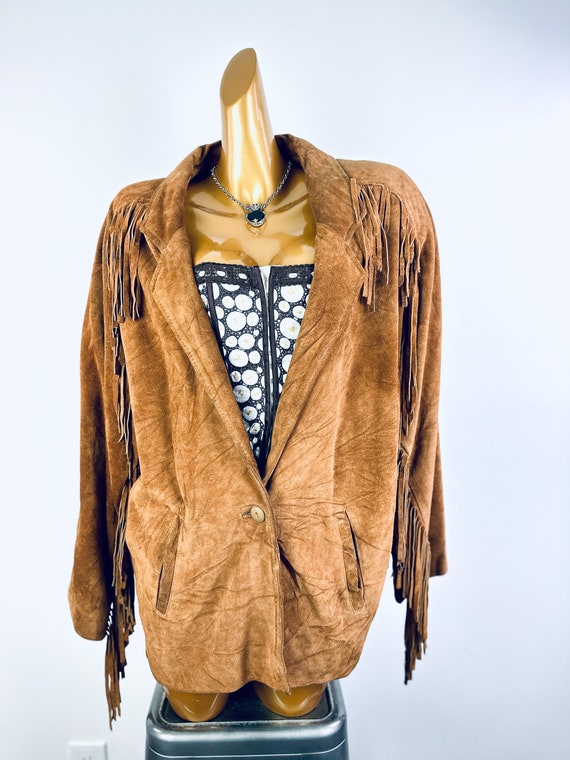 Vintage fringe leather jacket mens women brown su… - image 6