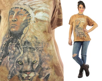 Native American shirt Southwestern Indian Chief tshirt slouchy oversize animal tee Vintage 1990s Graphic top Large