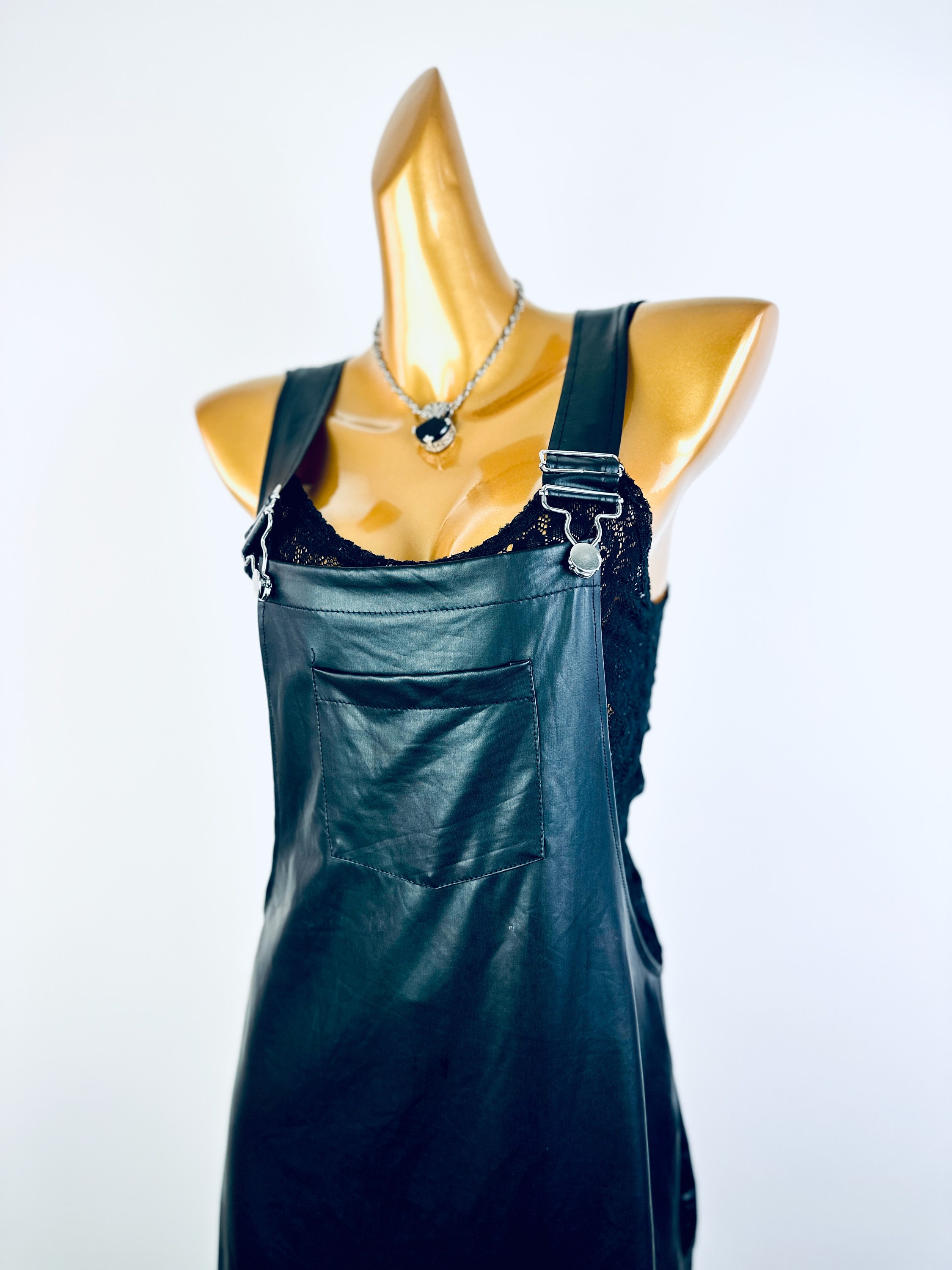 Y2k Grunge Goth Dress Faux Leather Coverall Jumper Mini Dress Size M Medium