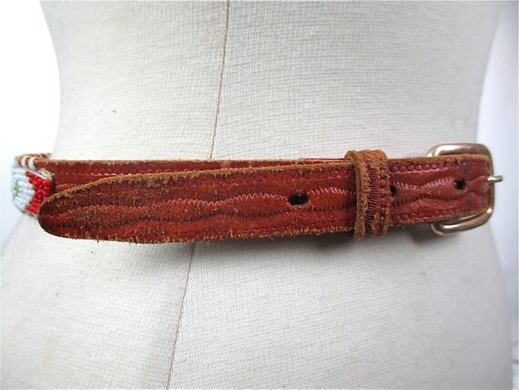 Brown Leather Belt Woven Beaded Tribal Abstract Skinny Belt Narrow