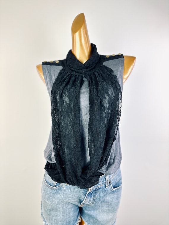 90s sheer lace top sleeveless blouse draped black… - image 8