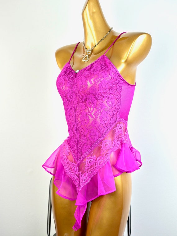 Vintage 80s teddy lingerie lacy Pink frilly sheer… - image 4