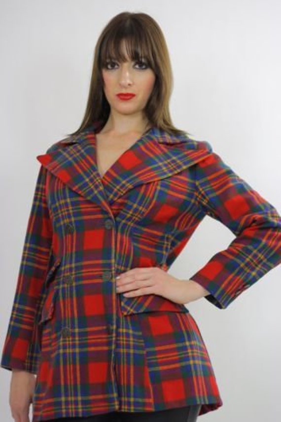 Vintage 70s mod boho red tartan plaid wool jacket… - image 8