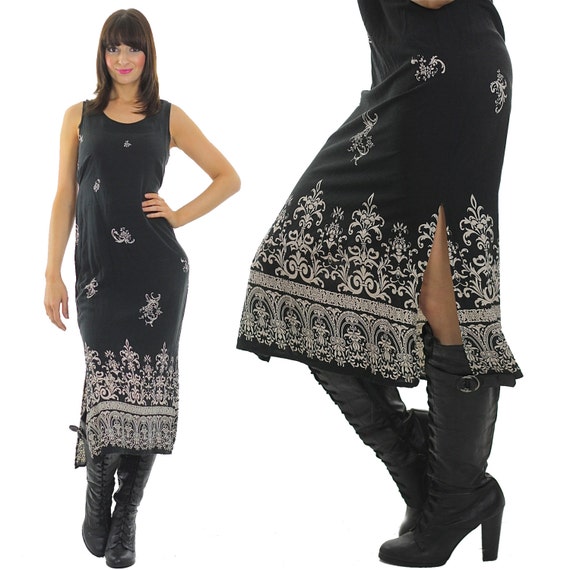 Vintage 90s Grunge Long Border Print Black Maxi Dress - Etsy