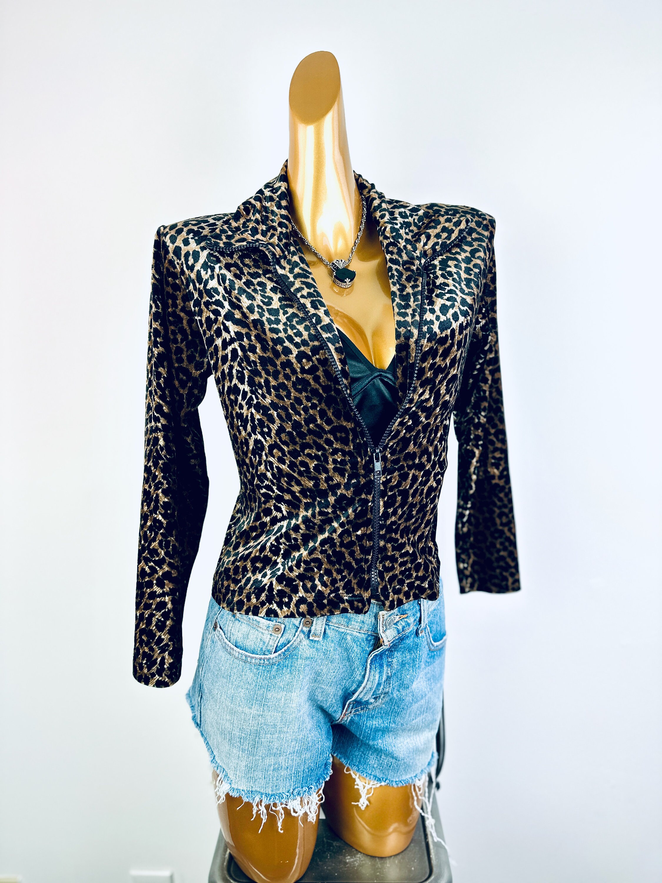 トップス archive 90s rayon leopard Second skin 90s Grunge Long Sleeve Velvet Blouse Leopard Print Zip up