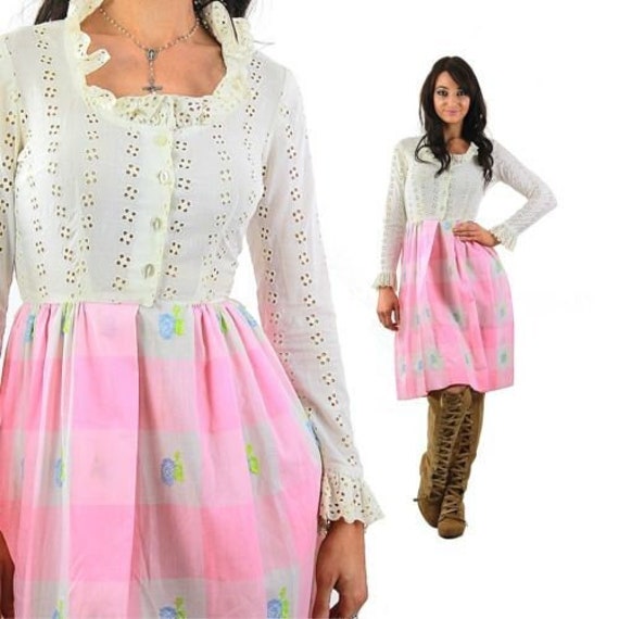 Boho dress cottagecore 60s 70s prairie pink white… - image 1