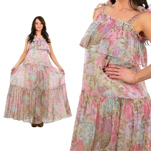 60s 70s prairie dress vintage cottagecore maxi sheer floral tiered ruche