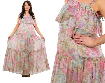 60er 70er prairie dress vintage Cottagecore Maxi Blumenkleid mit Rüschen