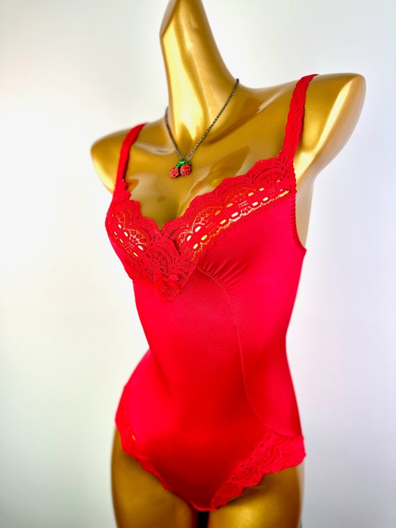 Vintage olga lingerie Teddy Bodysuit Red Size Sma… - image 4
