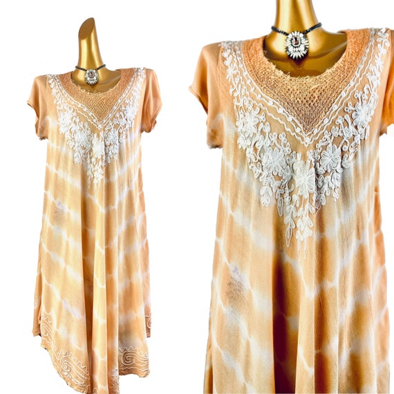 70s boho dress embroidered kaftan tie dye print b… - image 1
