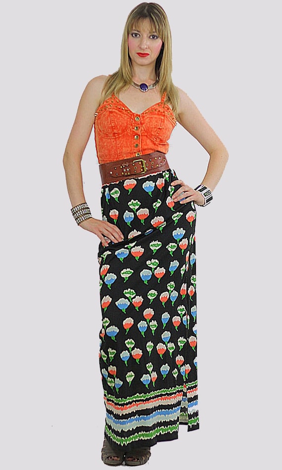 Vintage 60s Boho Hippie Floral Print Maxi Skirt - image 1