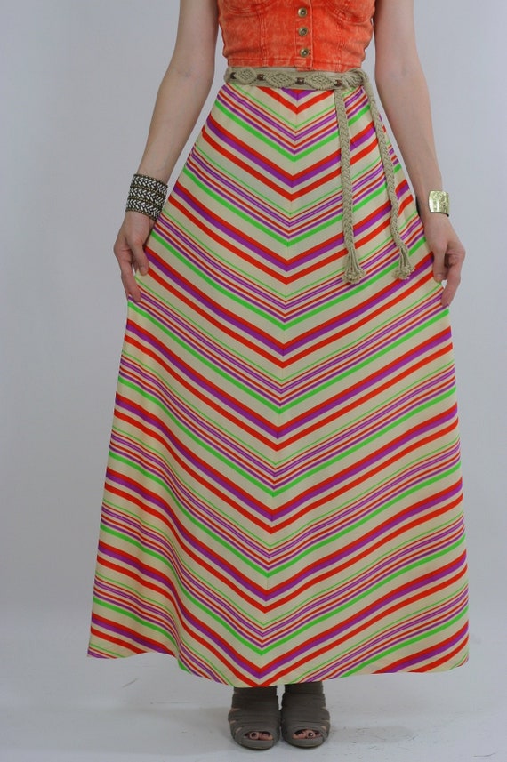 Vintage 60s Boho Hippie Chevron neon maxi skirt - image 4