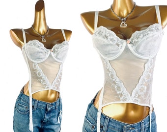 Bustier corset white lace vintage 80s lingerie sheer transparent gartered Large