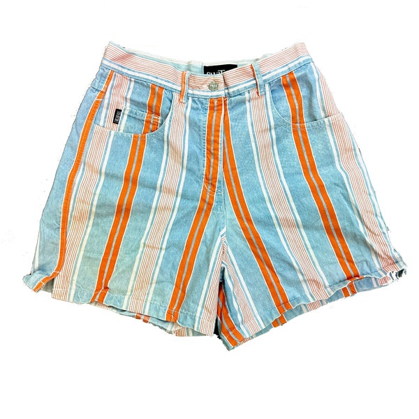 Striped shorts 90s high waisted pinstripe trouser shorts orange blue denim vintage 1990s size 9