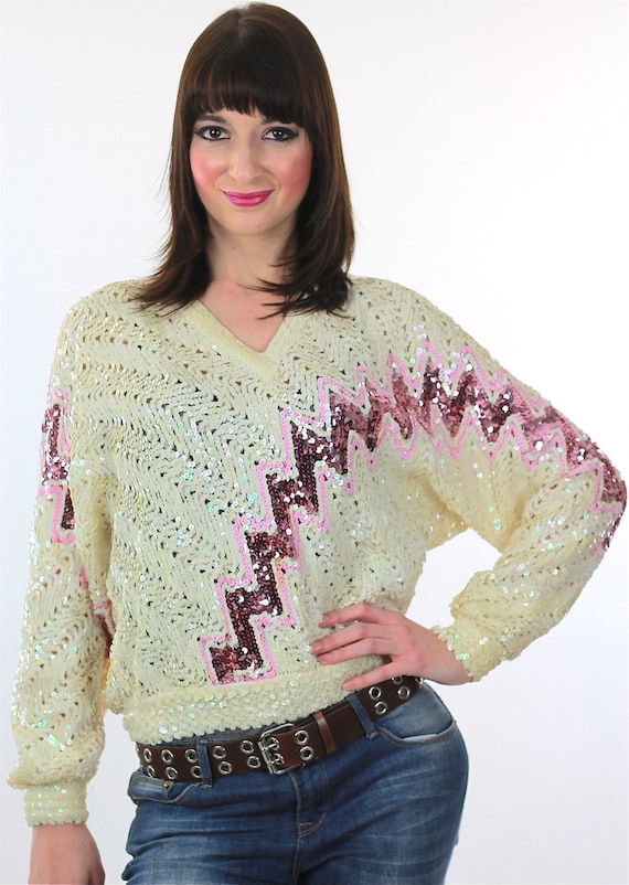 80s Sweater Vintage Sequin Pink white Glitter Gla… - image 2