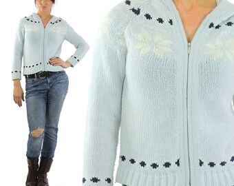 Snowflake sweater 90s hooded pastel blue pom pom zip up Vintage 1990s Grunge cardigan sweat shirt long sleeve knit XL Extra large