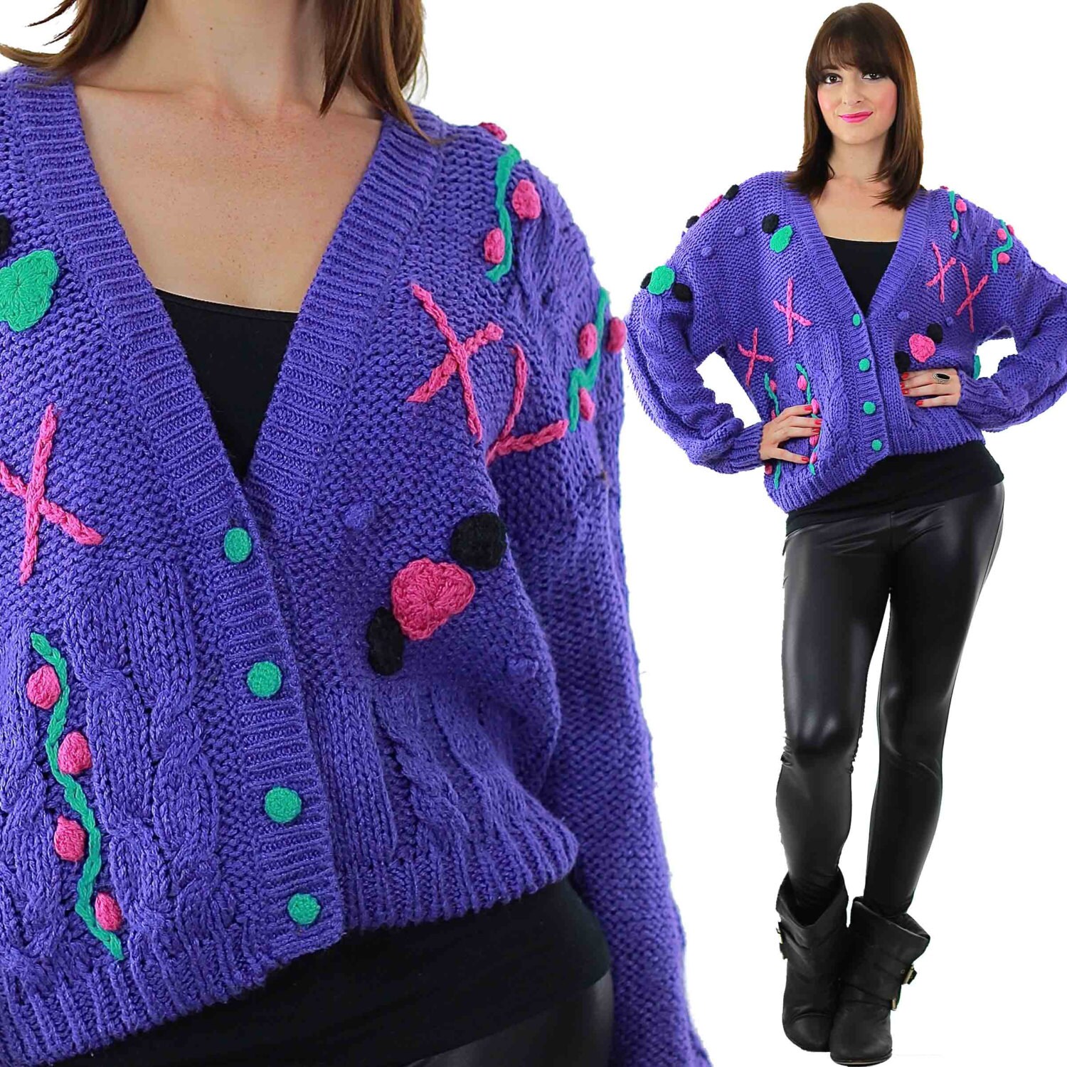 Cable Knit Cardigan Applique Hand Knit Purple Floral Sweater - Etsy