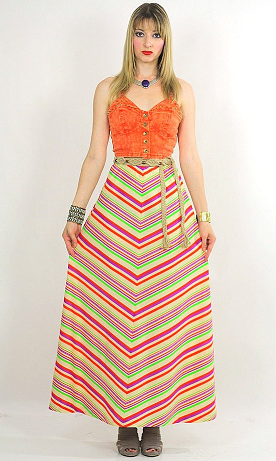 Vintage 60s Boho Hippie Chevron neon maxi skirt - image 1