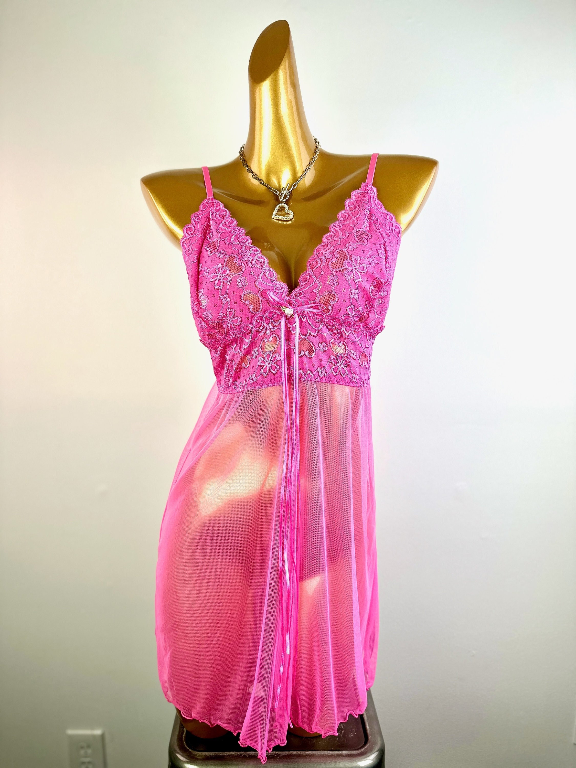 90s Babydoll Lingerie Sheer Slip Dress Pink See Through Mesh