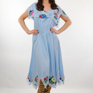 Traditional Mexican folk dress women floral print boho hippie Medium